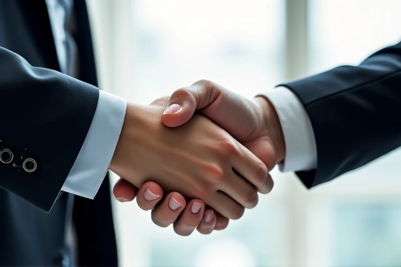 Two hands shaking, symbolizing agreement and trusted data sharing